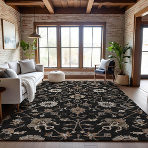 HomeRoots 5' X 8' Floral Area Rug in Black, Ivory & Beige - Washable, UV Protected, Stain Resistant Design! 686092