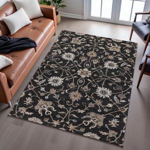 HomeRoots 5' X 8' Floral Area Rug in Black, Ivory & Beige - Washable, UV Protected, Stain Resistant Design! 686092