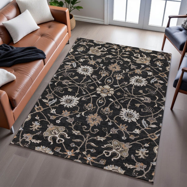 HomeRoots 5' X 8' Floral Area Rug in Black, Ivory & Beige - Washable, UV Protected, Stain Resistant Design! 686092