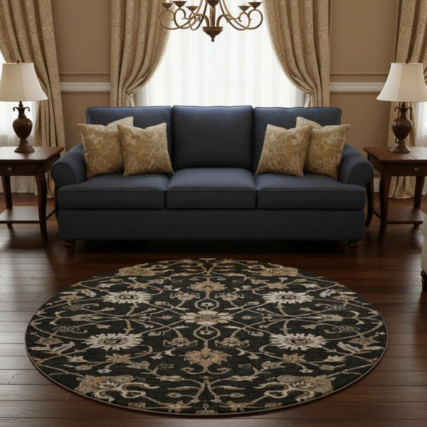 HomeRoots 8' Black Ivory Beige Floral Washable Round Rug - Durable, Stain Resistant, UV Protected for Homes 686093