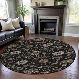 HomeRoots 8' Black Ivory Beige Floral Washable Round Rug - Durable, Stain Resistant, UV Protected for Homes 686093