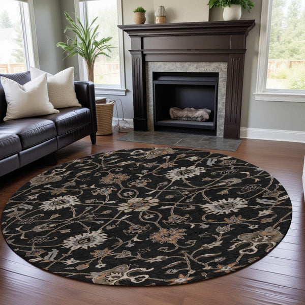 HomeRoots 8' Black Ivory Beige Floral Washable Round Rug - Durable, Stain Resistant, UV Protected for Homes 686093
