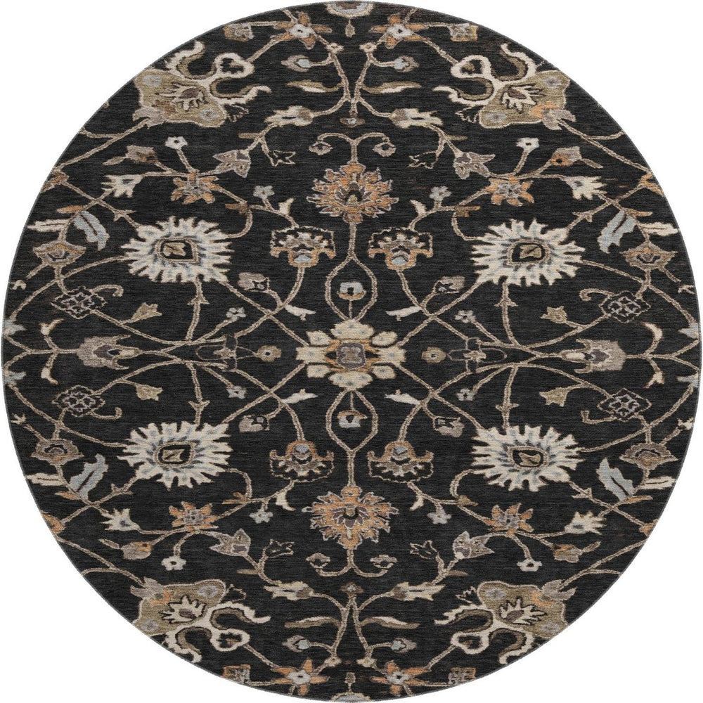 HomeRoots 8' Black Ivory Beige Floral Washable Round Rug - Durable, Stain Resistant, UV Protected for Homes 686093