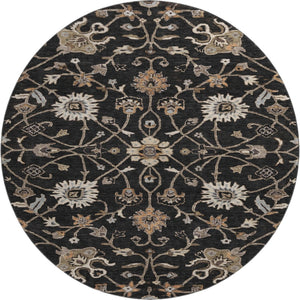 HomeRoots 8' Black Ivory Beige Floral Washable Round Rug - Durable, Stain Resistant, UV Protected for Homes 686093