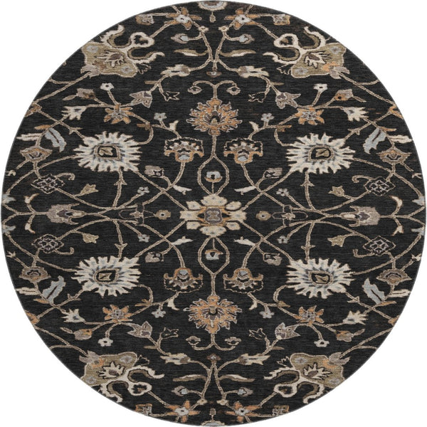 HomeRoots 8' Black Ivory Beige Floral Washable Round Rug - Durable, Stain Resistant, UV Protected for Homes 686093