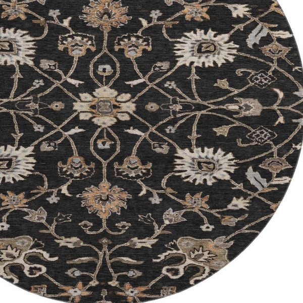 HomeRoots 8' Black Ivory Beige Floral Washable Round Rug - Durable, Stain Resistant, UV Protected for Homes 686093