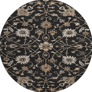 HomeRoots 8' Black Ivory Beige Floral Washable Round Rug - Durable, Stain Resistant, UV Protected for Homes 686093