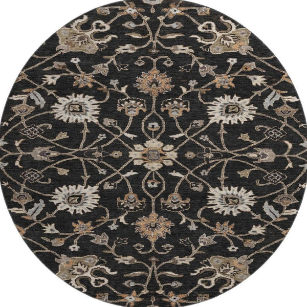 HomeRoots 8' Black Ivory Beige Floral Washable Round Rug - Durable, Stain Resistant, UV Protected for Homes 686093