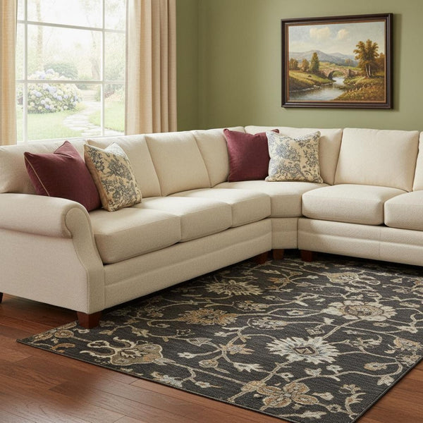 HomeRoots 8' X 10' Elegant Black Ivory Beige Floral Washable Area Rug with UV Protection for Busy Homes 686094