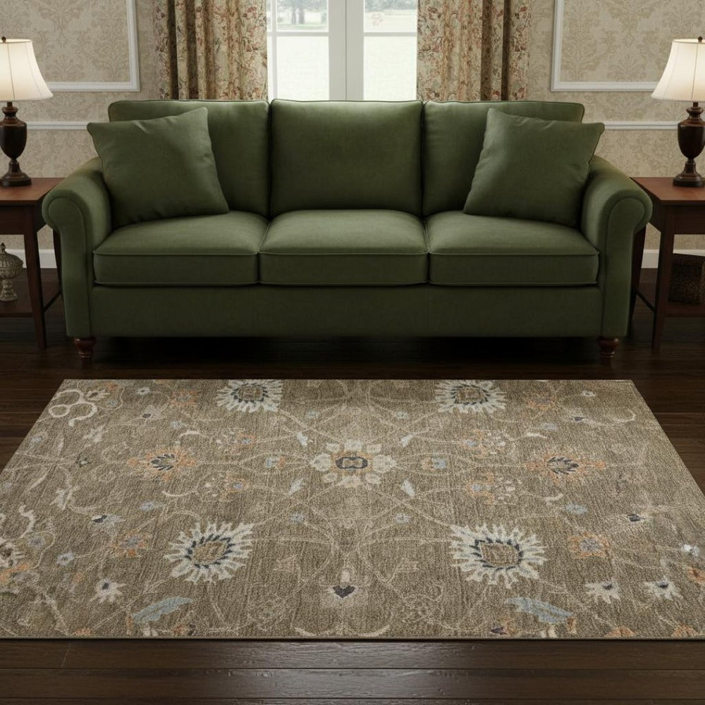 HomeRoots 8' Elegant Brown, Beige & Copper Floral Washable Round Rug - UV Protected & Stain Resistant Design 686099