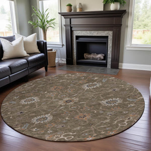 HomeRoots 8' Elegant Brown, Beige & Copper Floral Washable Round Rug - UV Protected & Stain Resistant Design 686099