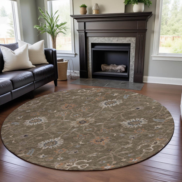 HomeRoots 8' Elegant Brown, Beige & Copper Floral Washable Round Rug - UV Protected & Stain Resistant Design 686099