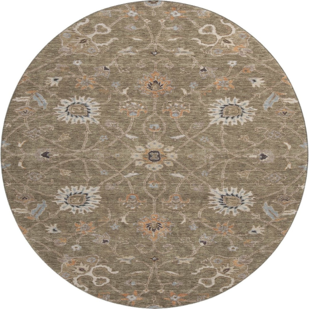 HomeRoots 8' Elegant Brown, Beige & Copper Floral Washable Round Rug - UV Protected & Stain Resistant Design 686099