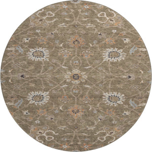 HomeRoots 8' Elegant Brown, Beige & Copper Floral Washable Round Rug - UV Protected & Stain Resistant Design 686099