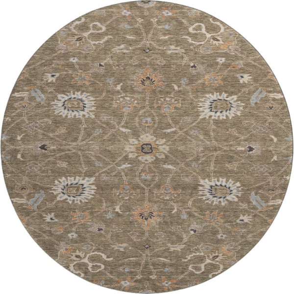 HomeRoots 8' Elegant Brown, Beige & Copper Floral Washable Round Rug - UV Protected & Stain Resistant Design 686099