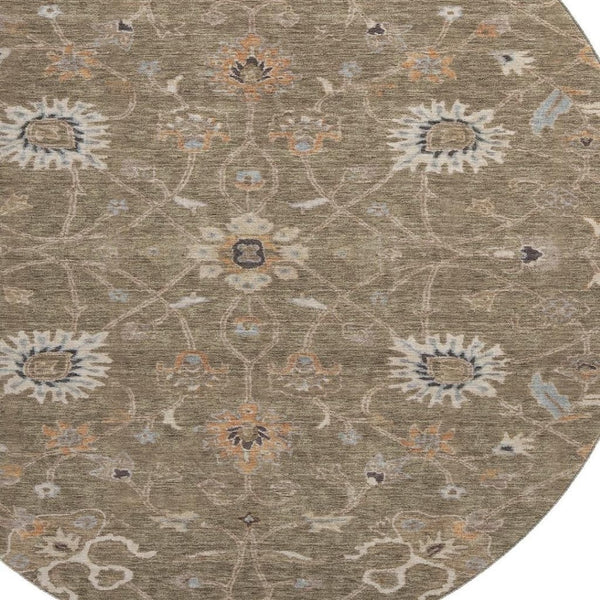 HomeRoots 8' Elegant Brown, Beige & Copper Floral Washable Round Rug - UV Protected & Stain Resistant Design 686099