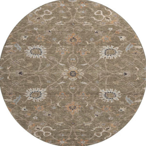 HomeRoots 8' Elegant Brown, Beige & Copper Floral Washable Round Rug - UV Protected & Stain Resistant Design 686099