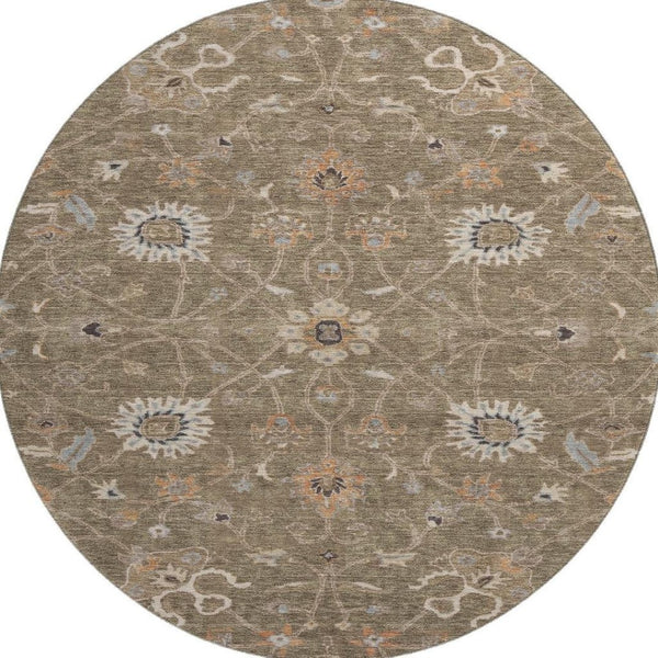 HomeRoots 8' Elegant Brown, Beige & Copper Floral Washable Round Rug - UV Protected & Stain Resistant Design 686099