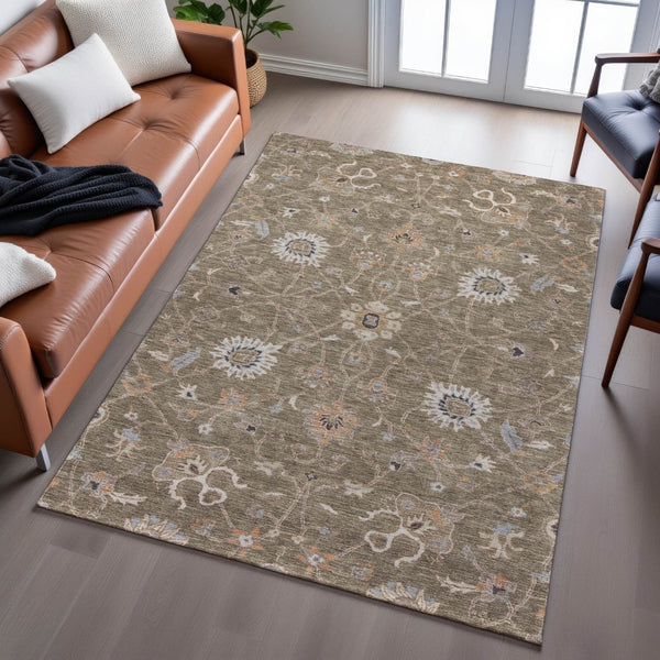 HomeRoots 10' Floral Brown, Beige & Copper Area Rug - Washable, UV Protected, Perfect for Large Living Spaces 686102