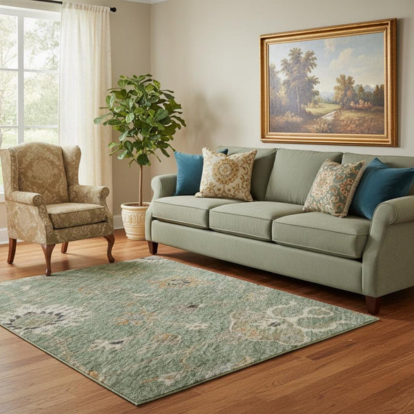 HomeRoots 5' X 8' Artichoke Green Floral Area Rug - Washable, UV Protected & Perfect for High-Traffic Spaces 686104