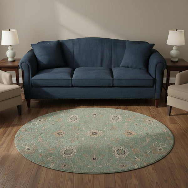 HomeRoots 8' Elegant Artichoke Green Round Rug with Floral Design - Washable, UV Protected & Durable for Homes 686105