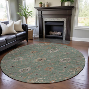 HomeRoots 8' Elegant Artichoke Green Round Rug with Floral Design - Washable, UV Protected & Durable for Homes 686105
