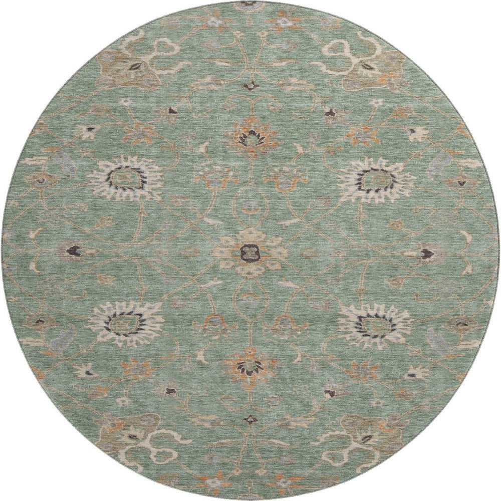 HomeRoots 8' Elegant Artichoke Green Round Rug with Floral Design - Washable, UV Protected & Durable for Homes 686105