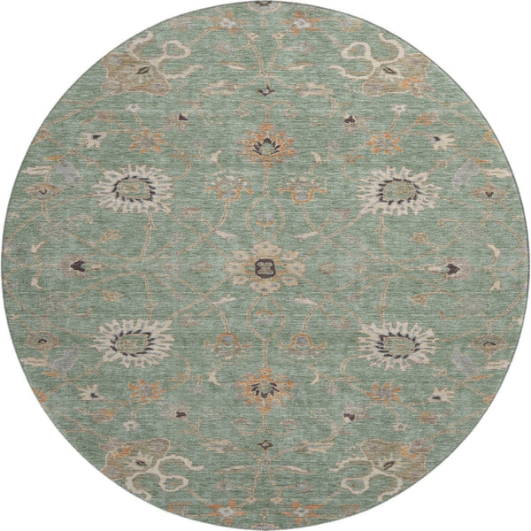HomeRoots 8' Elegant Artichoke Green Round Rug with Floral Design - Washable, UV Protected & Durable for Homes 686105