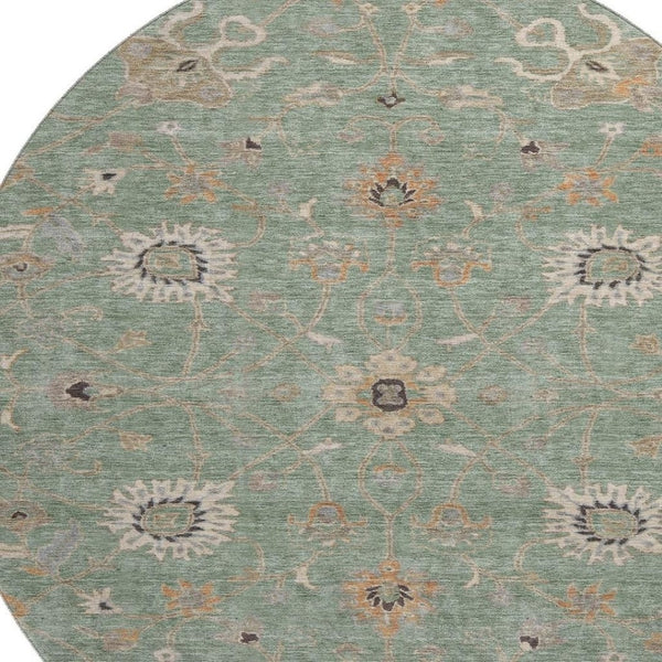 HomeRoots 8' Elegant Artichoke Green Round Rug with Floral Design - Washable, UV Protected & Durable for Homes 686105