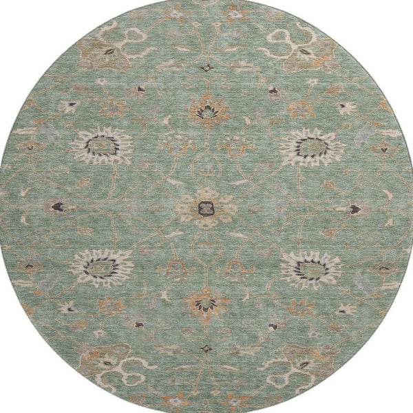 HomeRoots 8' Elegant Artichoke Green Round Rug with Floral Design - Washable, UV Protected & Durable for Homes 686105