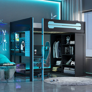 English Elm Full Size Gaming Loft Bed with Rgb Lighting Integrated Desk and Open Wardrobe Blue N820S00073C
