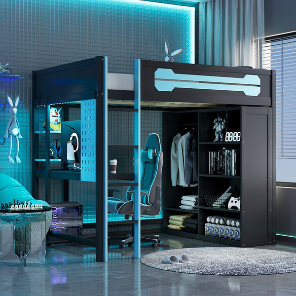 English Elm Full Size Gaming Loft Bed with Rgb Lighting Integrated Desk and Open Wardrobe Blue N820S00073C