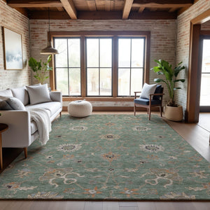 HomeRoots 8' X 10' Artichoke Green Floral Area Rug - Washable, Stain Resistant, Durable with UV Protection 686106