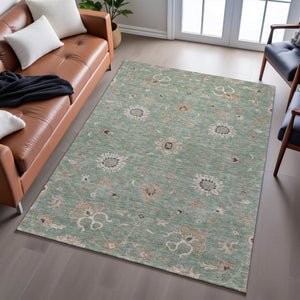 HomeRoots 8' X 10' Artichoke Green Floral Area Rug - Washable, Stain Resistant, Durable with UV Protection 686106