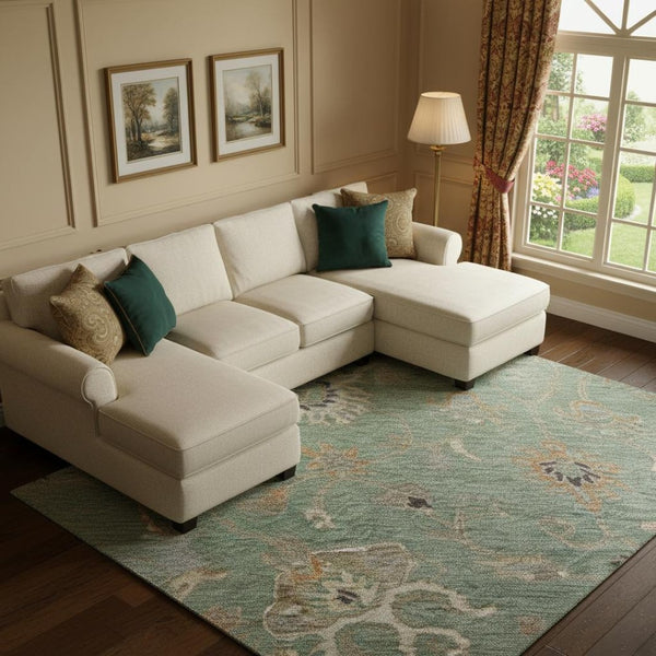 HomeRoots 9' X 12' Artichoke Green Floral Area Rug - Washable, UV-Protected, Stain-Resistant for Easy Care! 686107
