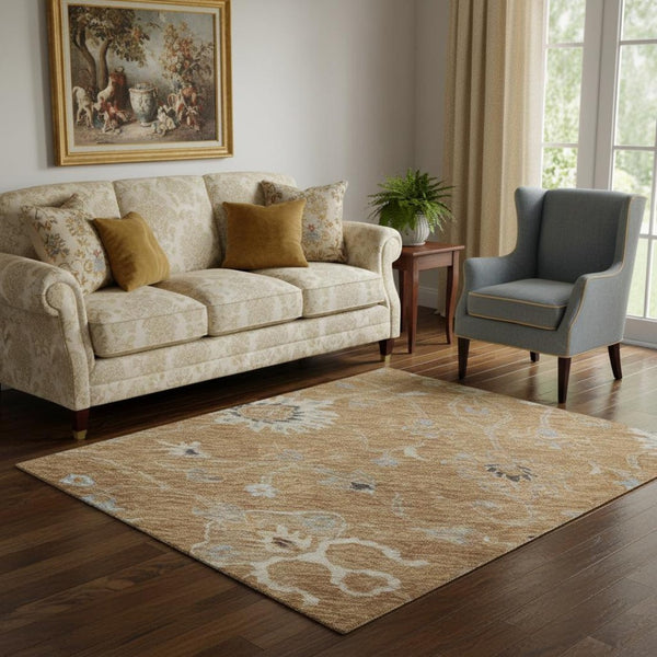 HomeRoots 5' X 8' Washable Floral Area Rug in Copper Beige & Denim Blue – Durable, UV Protected & Stylish 686110