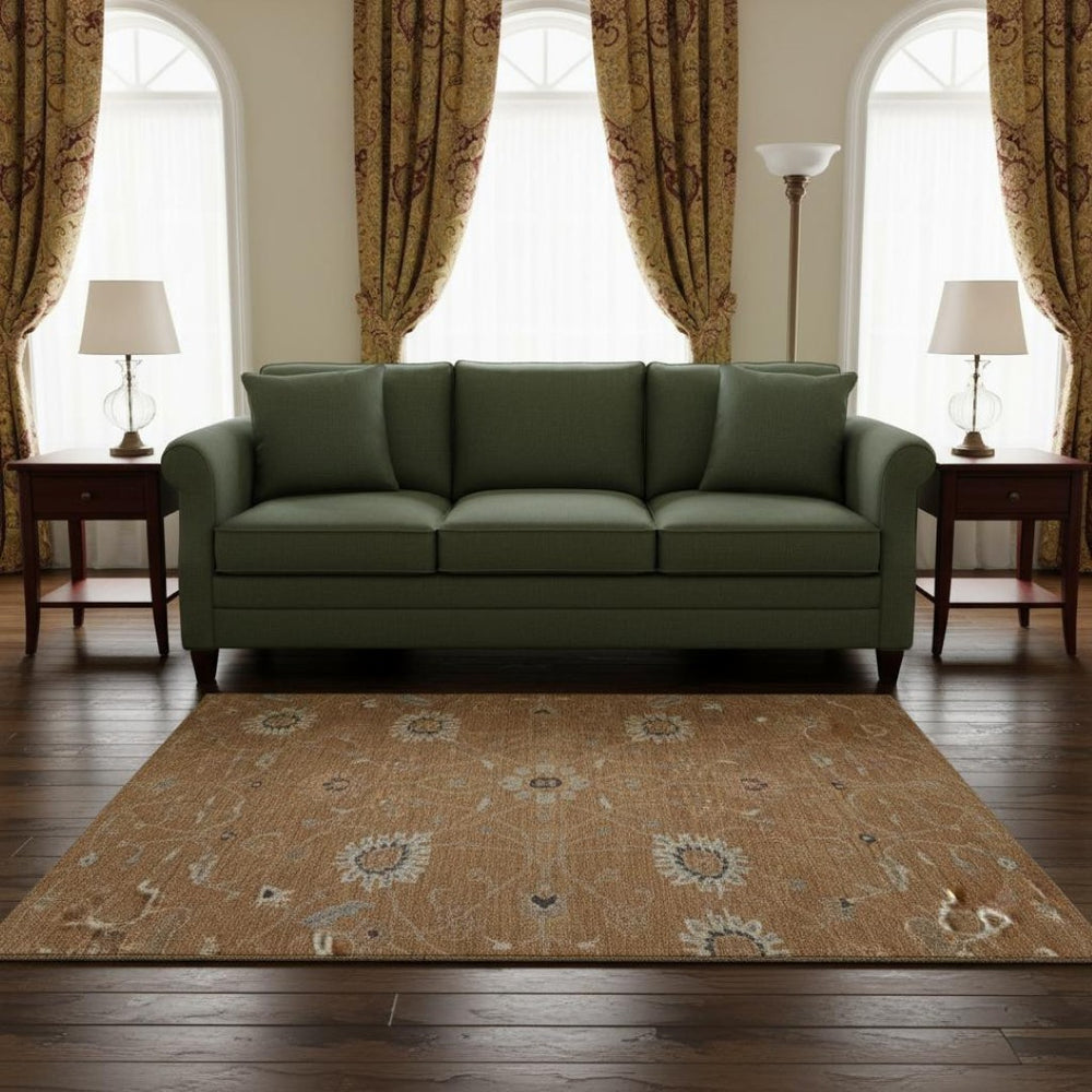 HomeRoots 8' Floral Washable Round Rug in Copper Beige & Denim Blue – UV Protected, Stain Resistant, Durable Design 686111