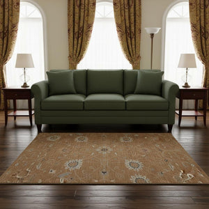 HomeRoots 8' Floral Washable Round Rug in Copper Beige & Denim Blue – UV Protected, Stain Resistant, Durable Design 686111