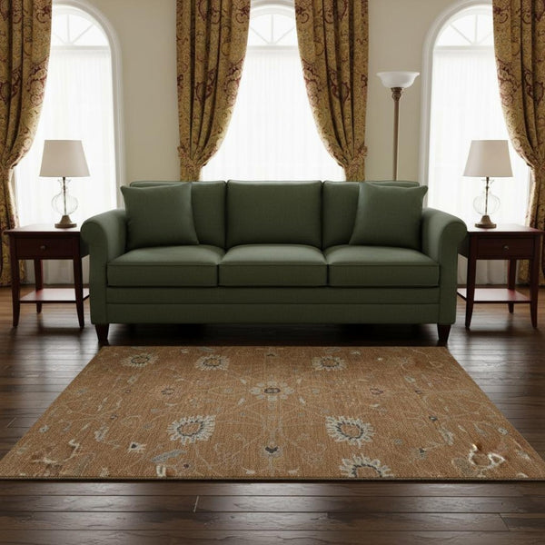 HomeRoots 8' Floral Washable Round Rug in Copper Beige & Denim Blue – UV Protected, Stain Resistant, Durable Design 686111