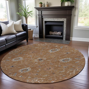 HomeRoots 8' Floral Washable Round Rug in Copper Beige & Denim Blue – UV Protected, Stain Resistant, Durable Design 686111