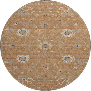 HomeRoots 8' Floral Washable Round Rug in Copper Beige & Denim Blue – UV Protected, Stain Resistant, Durable Design 686111