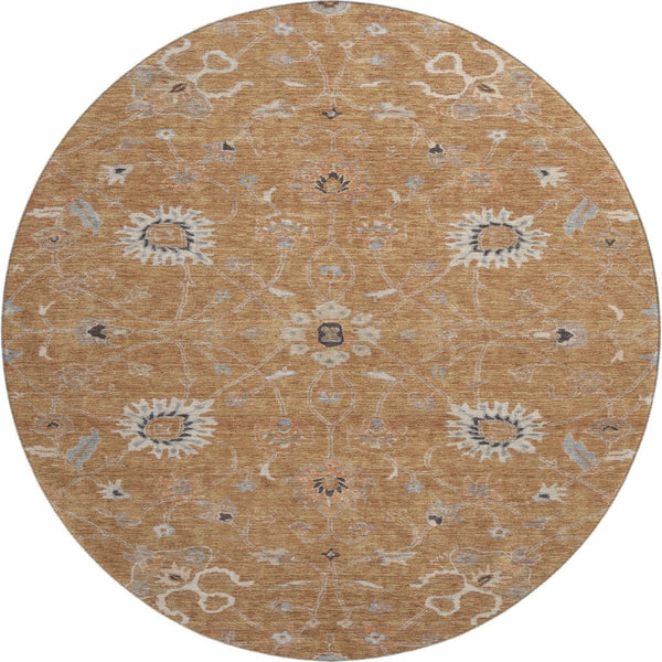 HomeRoots 8' Floral Washable Round Rug in Copper Beige & Denim Blue – UV Protected, Stain Resistant, Durable Design 686111