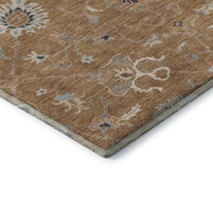 HomeRoots 8' Floral Washable Round Rug in Copper Beige & Denim Blue – UV Protected, Stain Resistant, Durable Design 686111