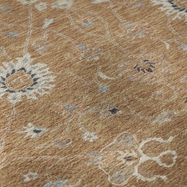 HomeRoots 8' Floral Washable Round Rug in Copper Beige & Denim Blue – UV Protected, Stain Resistant, Durable Design 686111