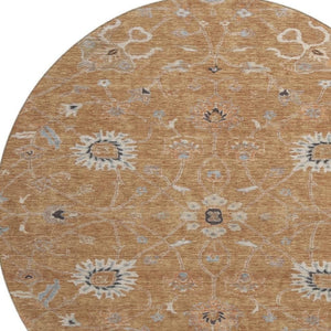 HomeRoots 8' Floral Washable Round Rug in Copper Beige & Denim Blue – UV Protected, Stain Resistant, Durable Design 686111