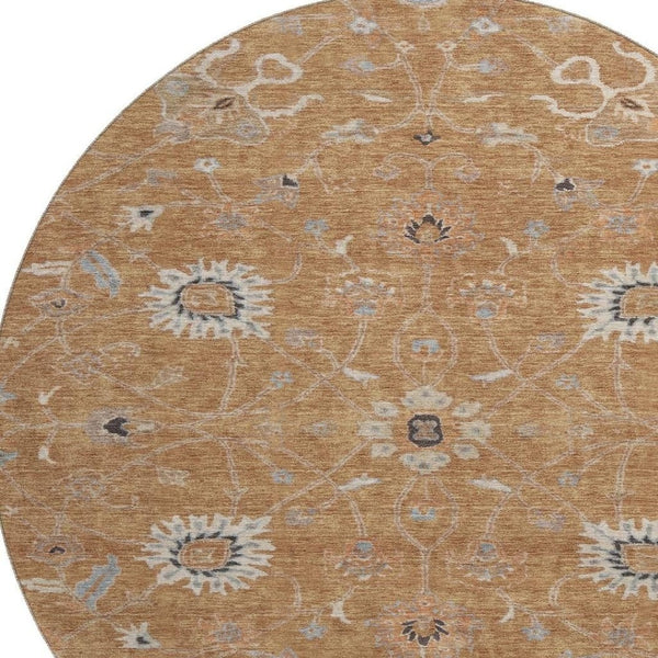HomeRoots 8' Floral Washable Round Rug in Copper Beige & Denim Blue – UV Protected, Stain Resistant, Durable Design 686111