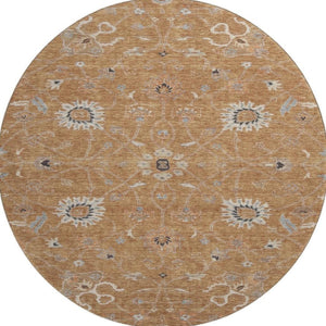 HomeRoots 8' Floral Washable Round Rug in Copper Beige & Denim Blue – UV Protected, Stain Resistant, Durable Design 686111