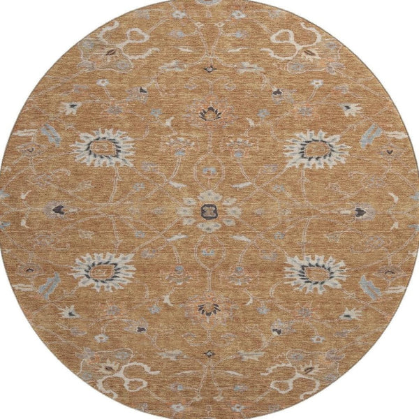 HomeRoots 8' Floral Washable Round Rug in Copper Beige & Denim Blue – UV Protected, Stain Resistant, Durable Design 686111