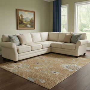 HomeRoots 8' X 10' Floral Area Rug in Copper Beige & Denim Blue – Washable, Stain-Resistant, UV Protected Design 686112