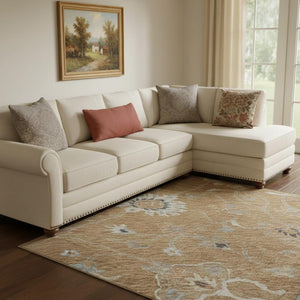 HomeRoots 10' Copper Beige & Denim Blue Floral Area Rug - Washable, UV Protected, Ideal for High-Traffic Spaces 686114